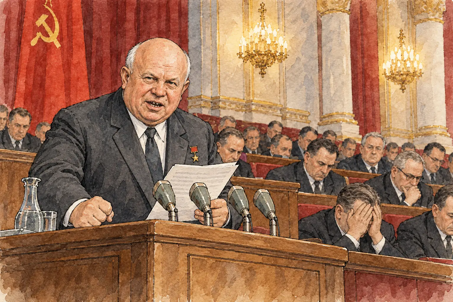 In his Secret Speech of February 1956 Khrushchev denounced Stalin's crimes to a closed session of the Soviet Communist Party congress