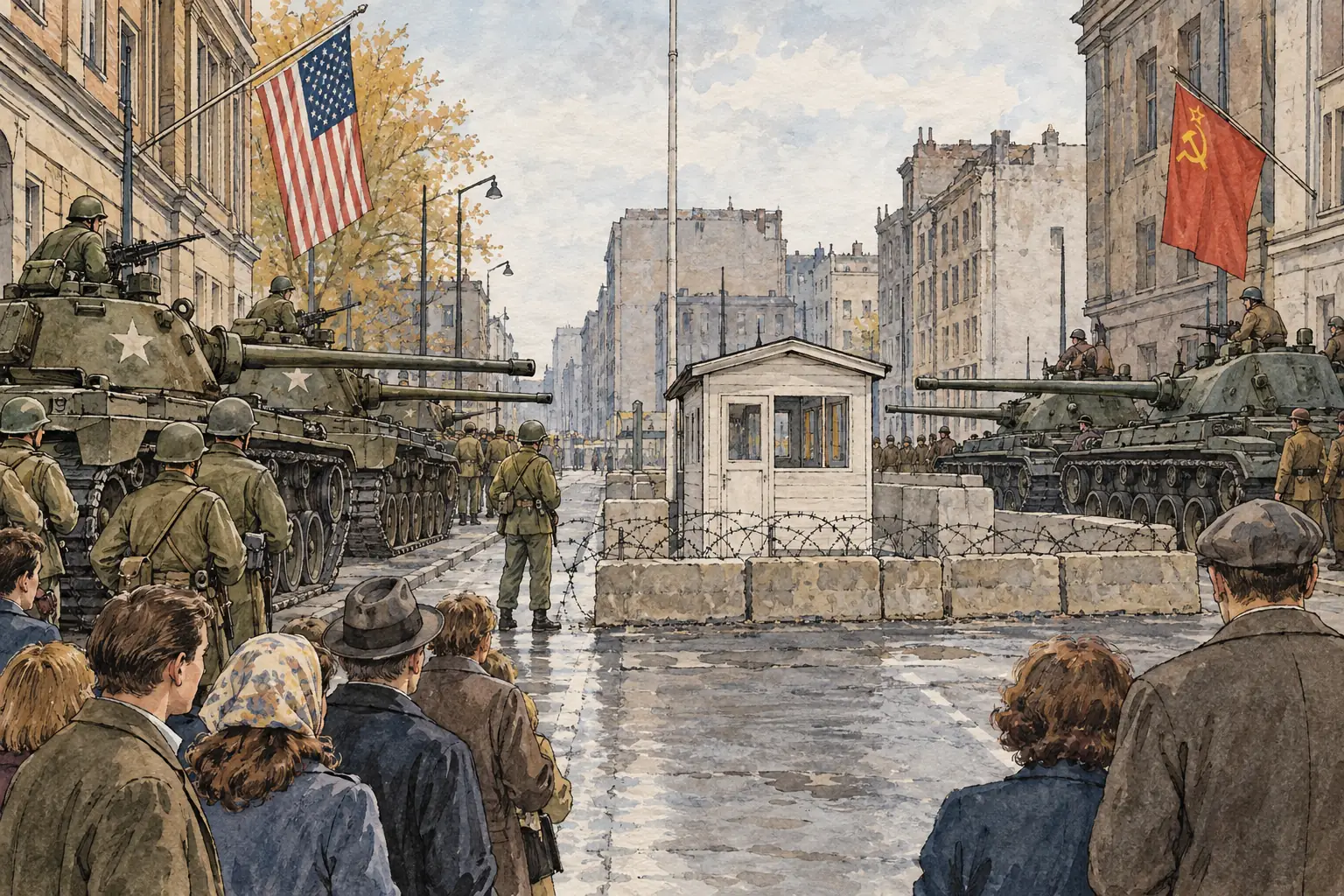 American and Soviet tanks faced each other at Checkpoint Charlie for about 16 hours on 27-28 October 1961