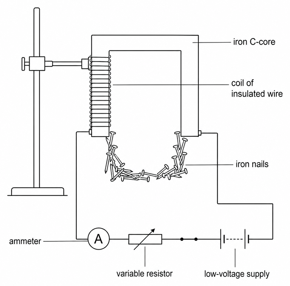 An iron C-core wound with a coil of insulated wire, held in a clamp stand with iron nails hanging from its ends, wired to a circuit labelled ammeter, variable resistor, and low-voltage supply.