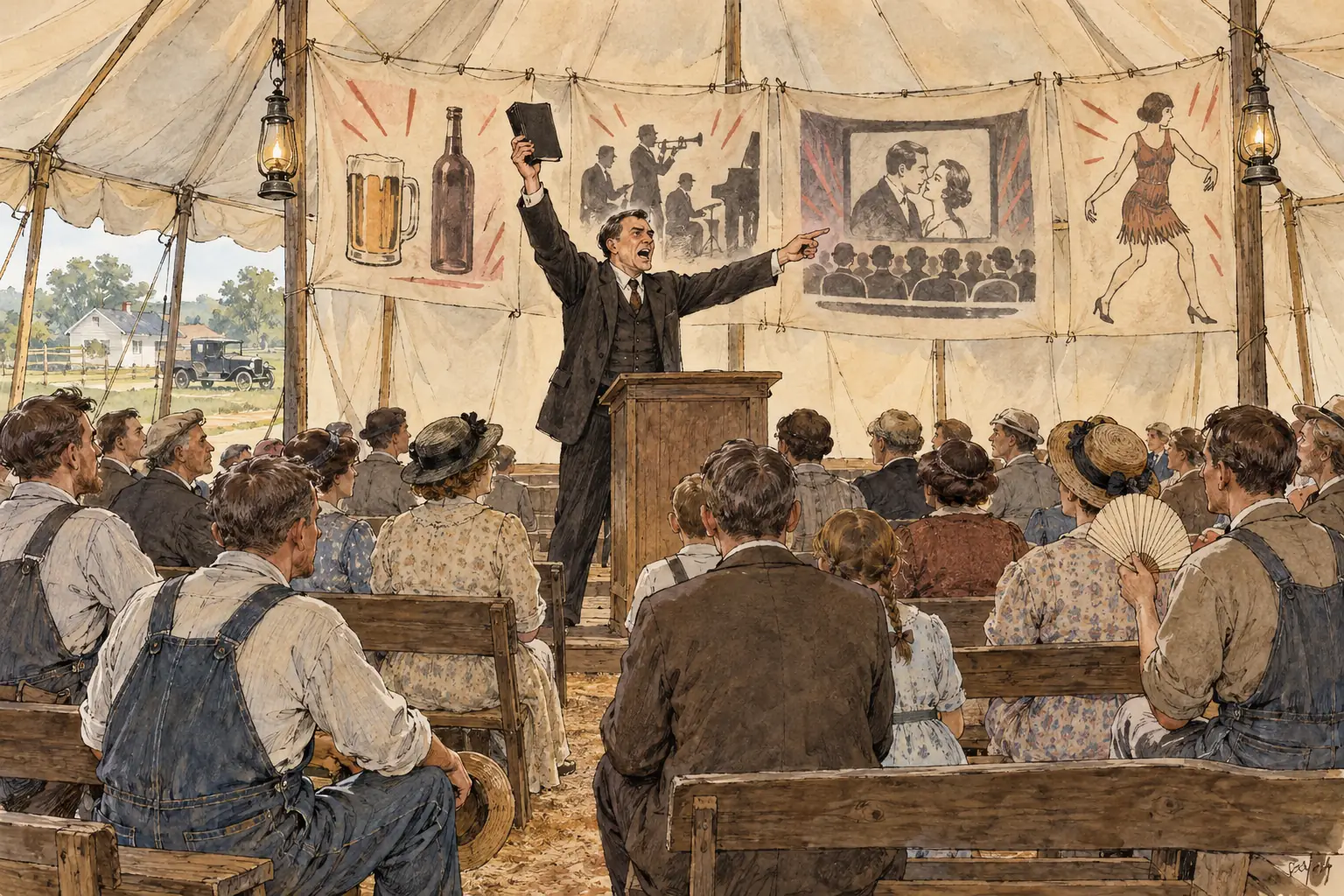 In rural America, fundamentalist preachers condemned drink, jazz, the cinema and the new fashions as threats to Christian values.