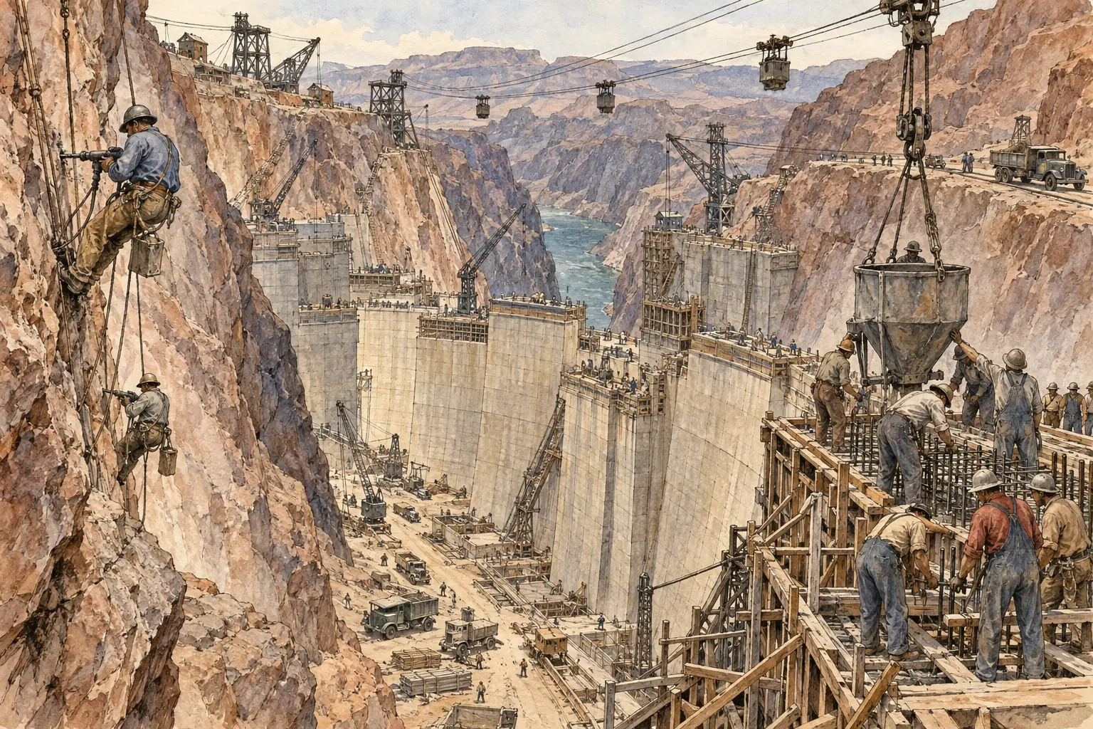 Work on the Hoover Dam on the Colorado River began in 1930 and gave jobs to thousands of men, but Hoover kept public works small to avoid large budget deficits.