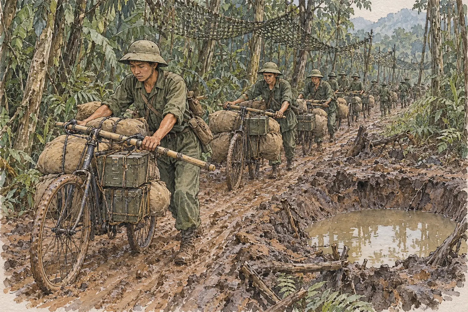 Porters pushed heavily loaded bicycles along the trail's jungle paths, where trees and camouflage netting hid them from American aircraft.