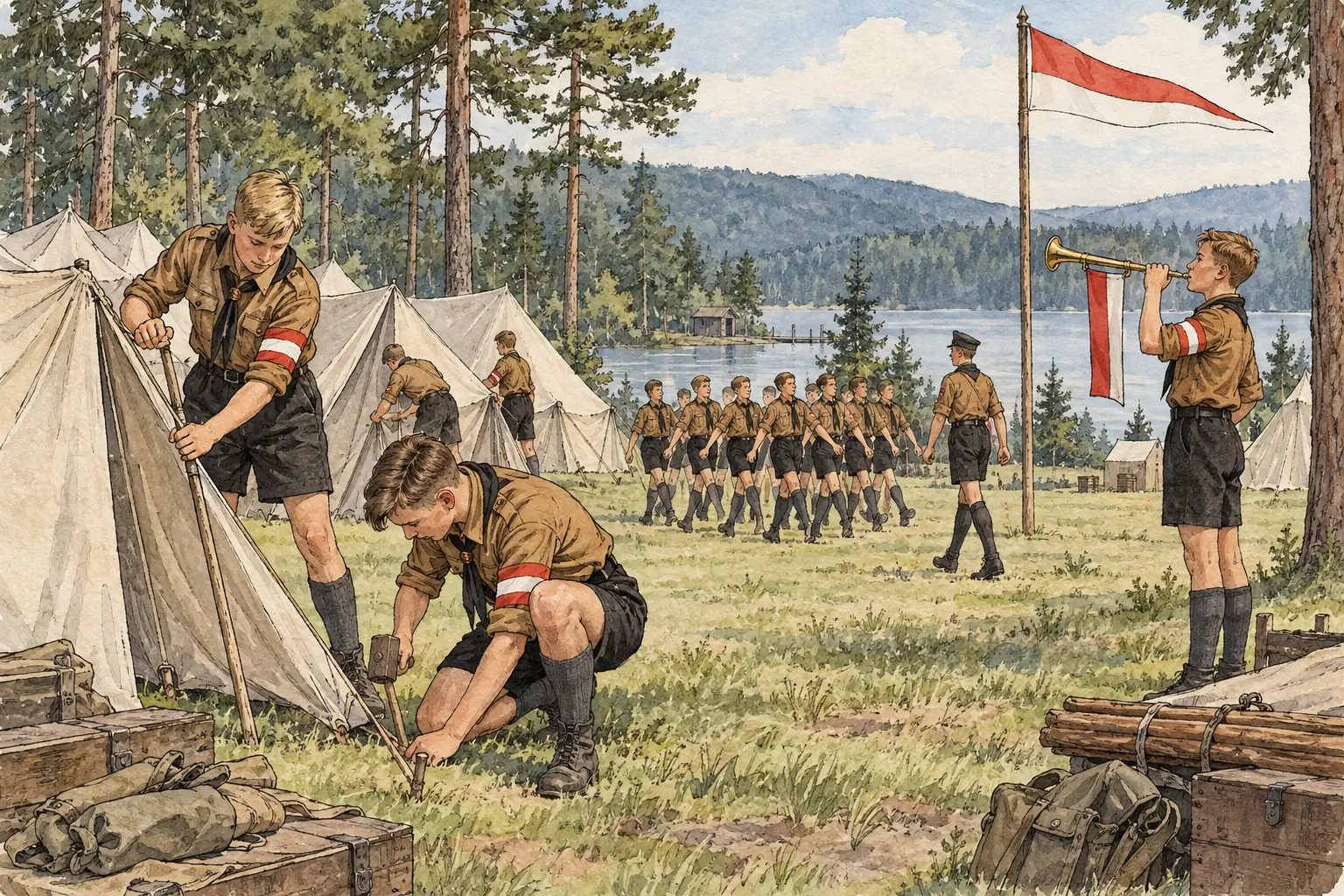 Hitler Youth boys camping and drilling to build endurance for military service