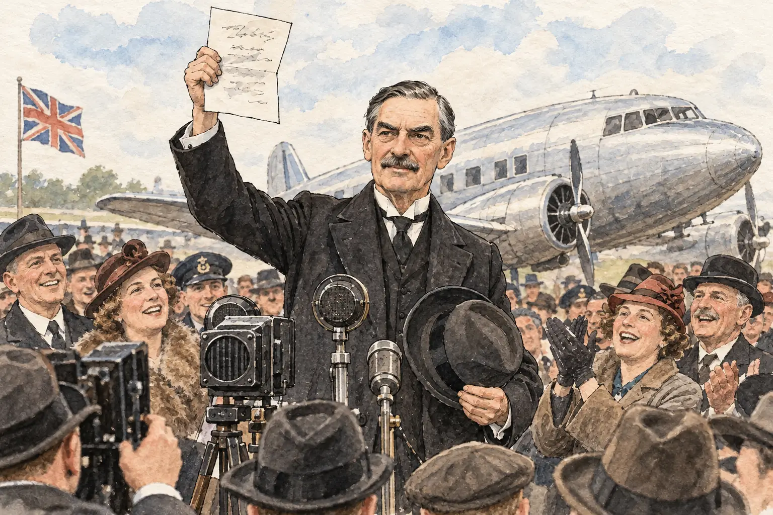 Chamberlain returns on 30 September with the paper he and Hitler had signed