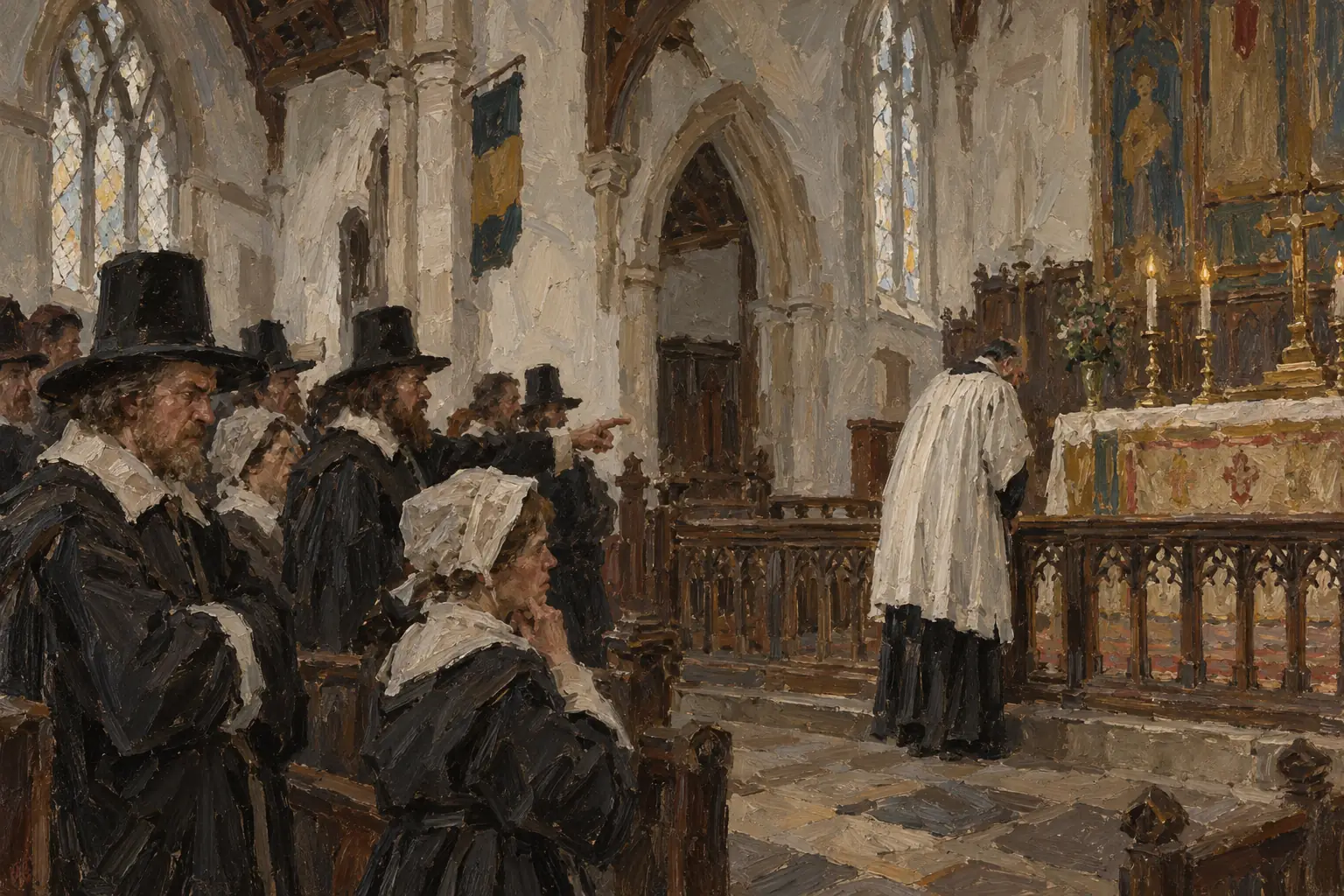 Archbishop Laud had communion tables moved to the east end of churches and railed off, which many Puritans saw as a step back towards Catholic worship.