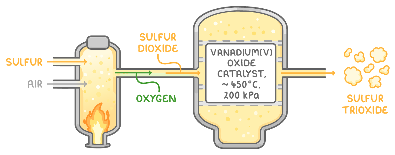 Sulfur and air enter a burner, and the sulfur dioxide made there, with oxygen, flows into a converter holding a vanadium(V) oxide catalyst at about 450 °C and 200 kPa; sulfur trioxide leaves the converter.