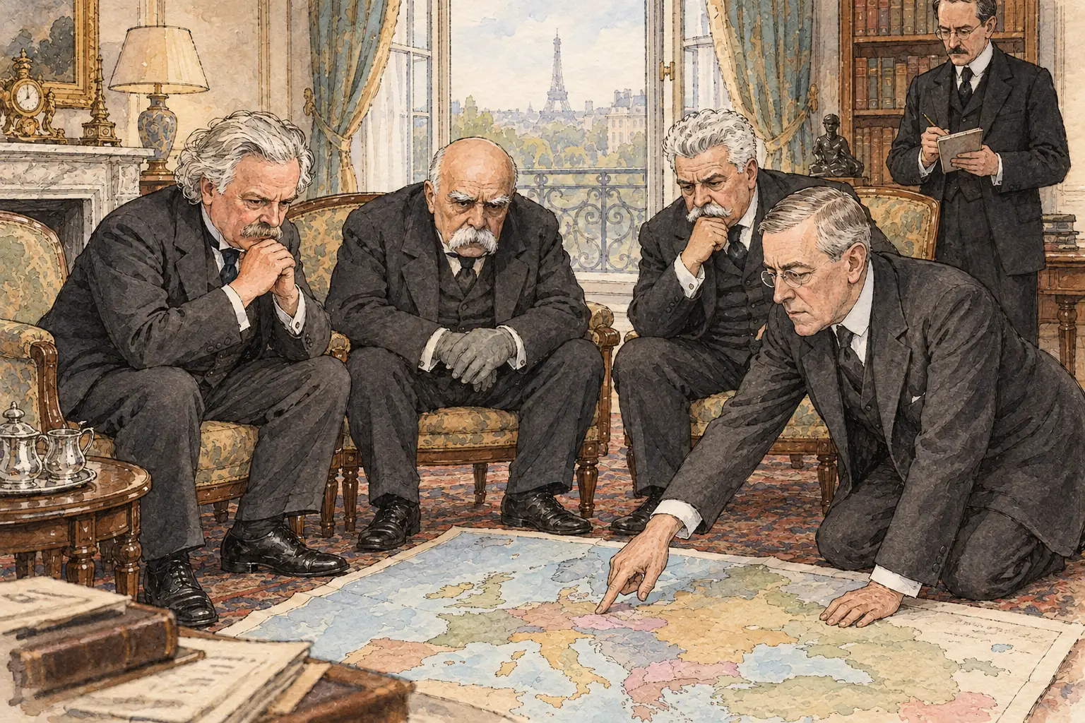 The main decisions were made in private meetings of the Big Four, Lloyd George, Orlando, Clemenceau and Wilson, and no German representative took part.