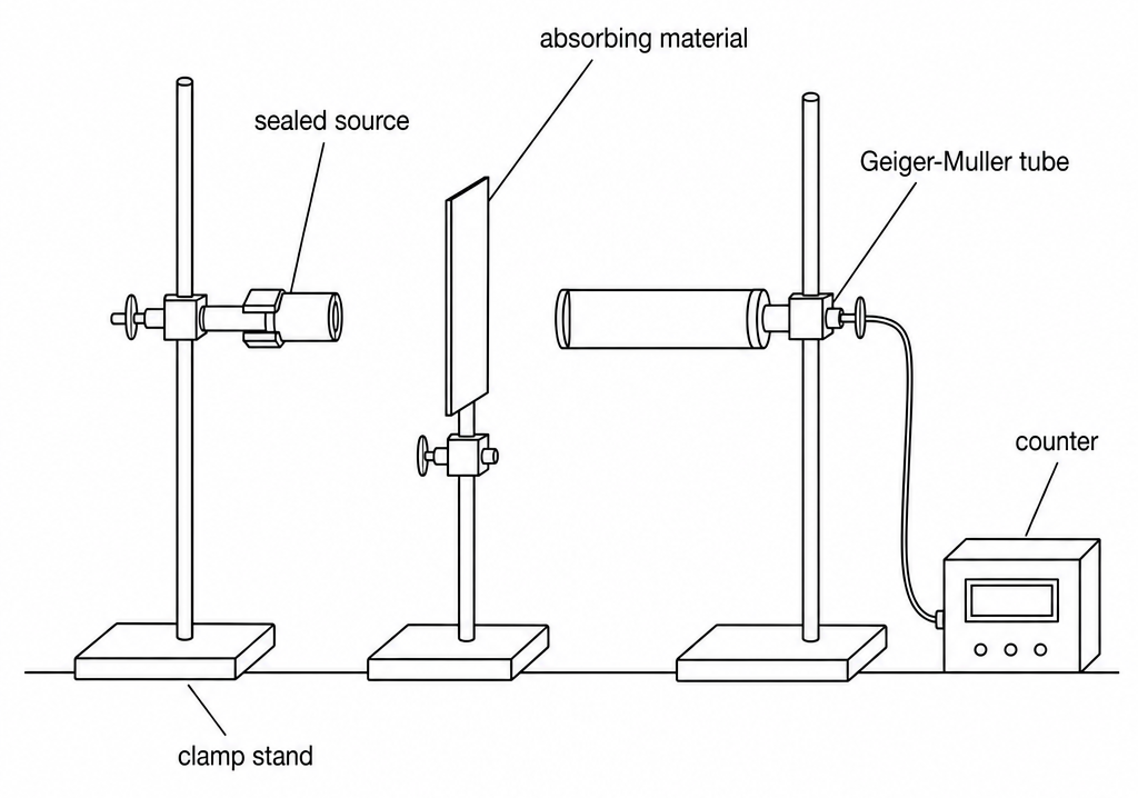 Three clamp stands in a row on a bench holding a sealed source, a sheet of absorbing material, and a Geiger-Muller tube, with a lead running from the tube to a counter.