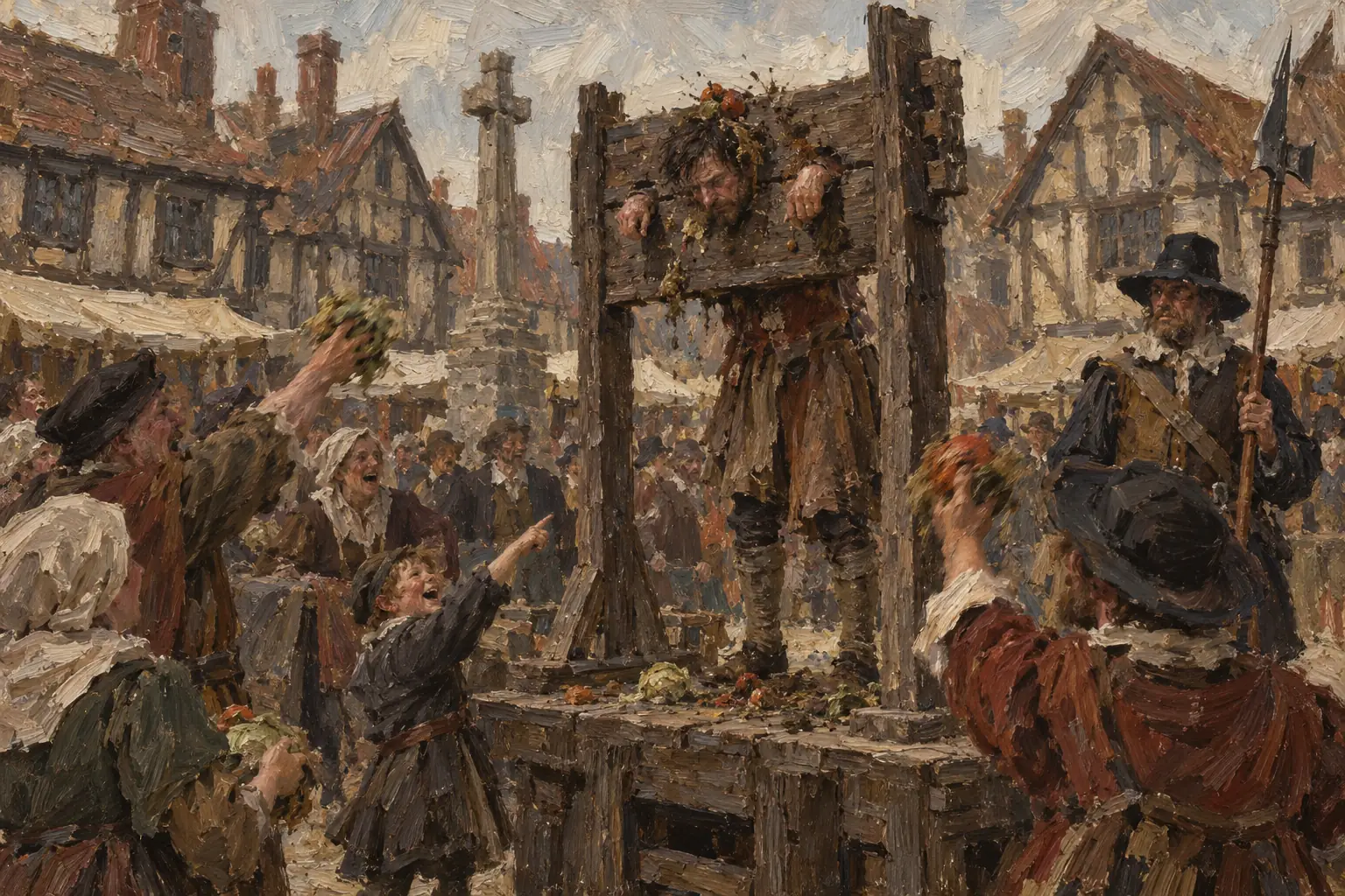 The pillory punished offenders with public humiliation, as the crowd jeered and pelted them.