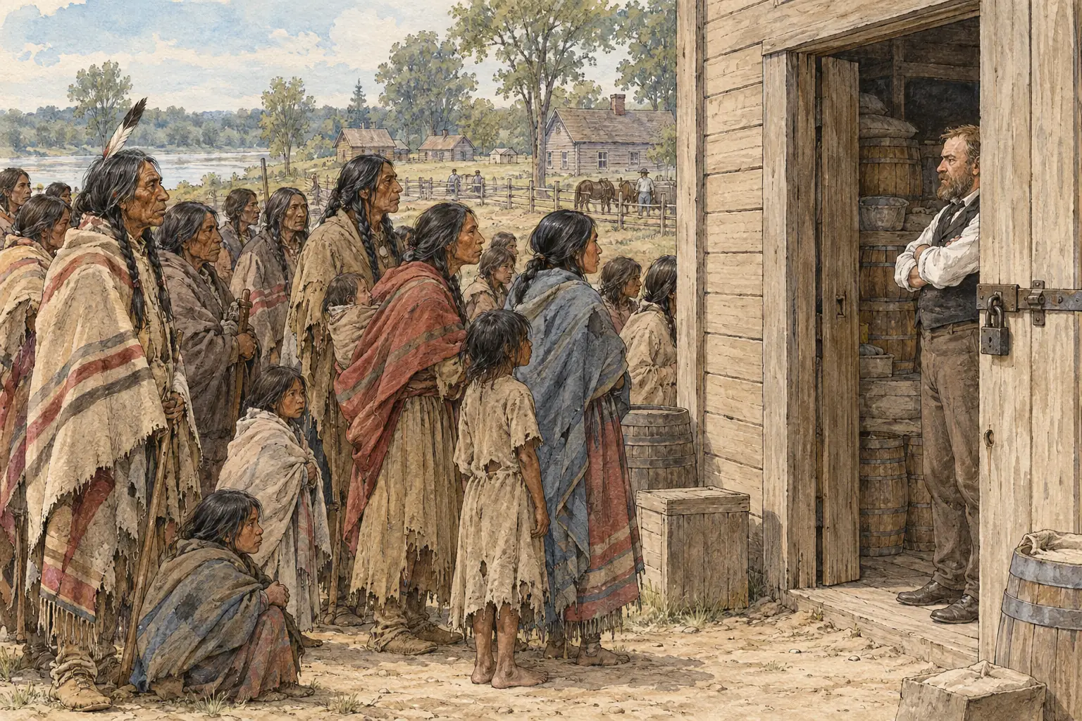 In the summer of 1862 the Santee Sioux's annuity payments were late, and they went hungry while food sat in the agency stores.