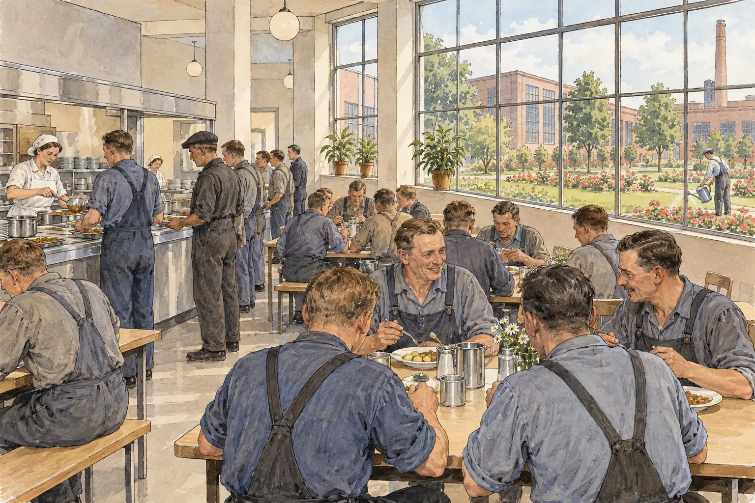 Beauty of Labour persuaded employers to add canteens, gardens and cleaner workspaces, often built with the workers' own unpaid labour.