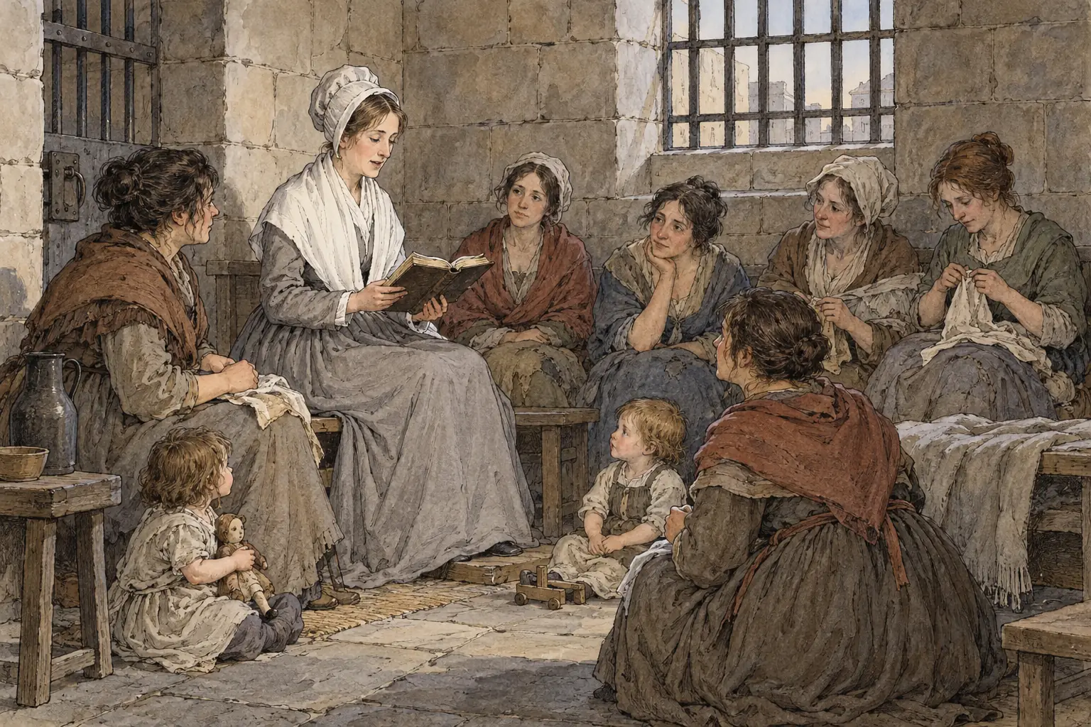From 1813 Elizabeth Fry visited the women prisoners at Newgate, teaching them and reading the Bible with them