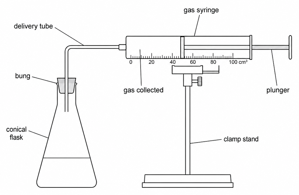 A conical flask with a bung and delivery tube leading to a clamped gas syringe, its plunger pushed out along a 0 to 100 cm³ scale, labelled delivery tube, bung, gas collected, and plunger.