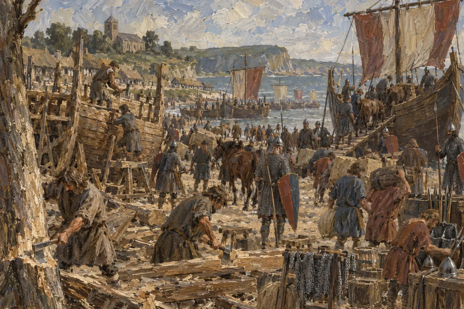 Through the summer of 1066 William's men built and gathered a fleet able to carry an army, its horses and its supplies across the Channel.
