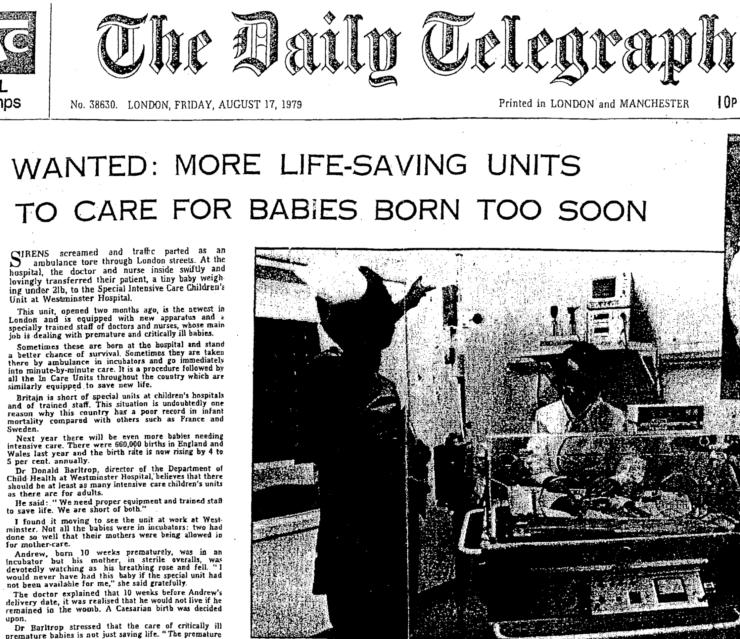 Front page of daily telegraph in 1979 with headline: Wanted: More life-saving units to care for babies born too soon