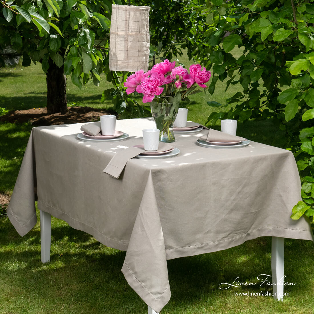 Grey hemstitched linen tablecloth