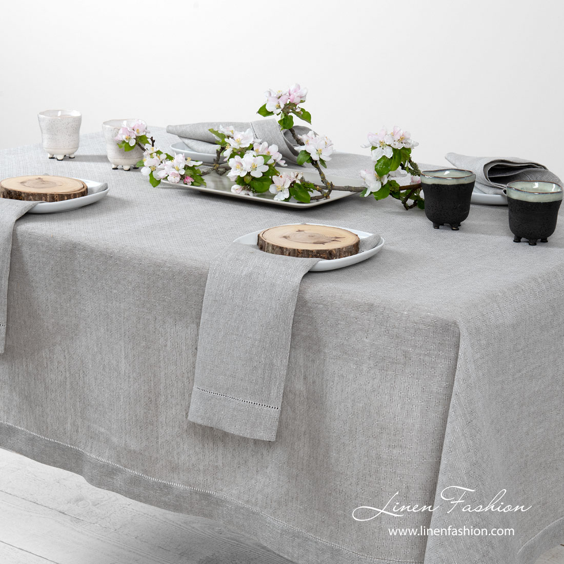 Gray patterned 100% linen tablecloth with hemstitch