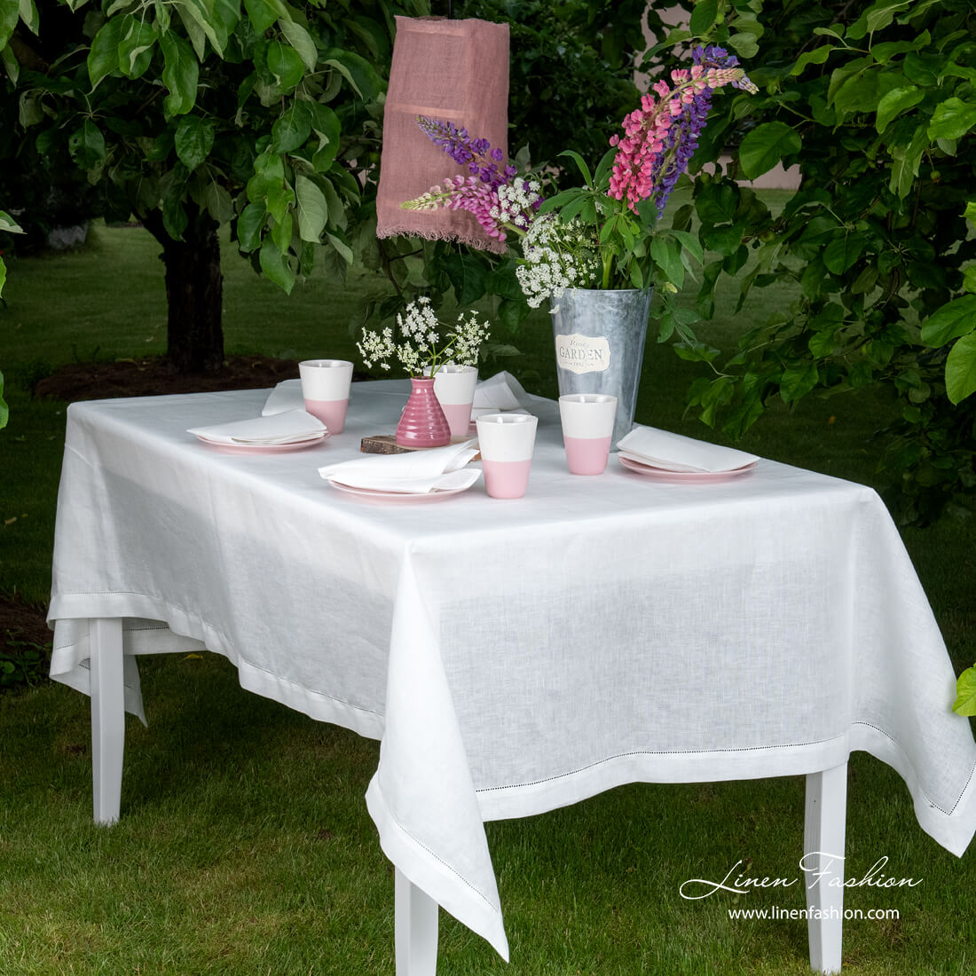 White hemstitched linen tablecloth