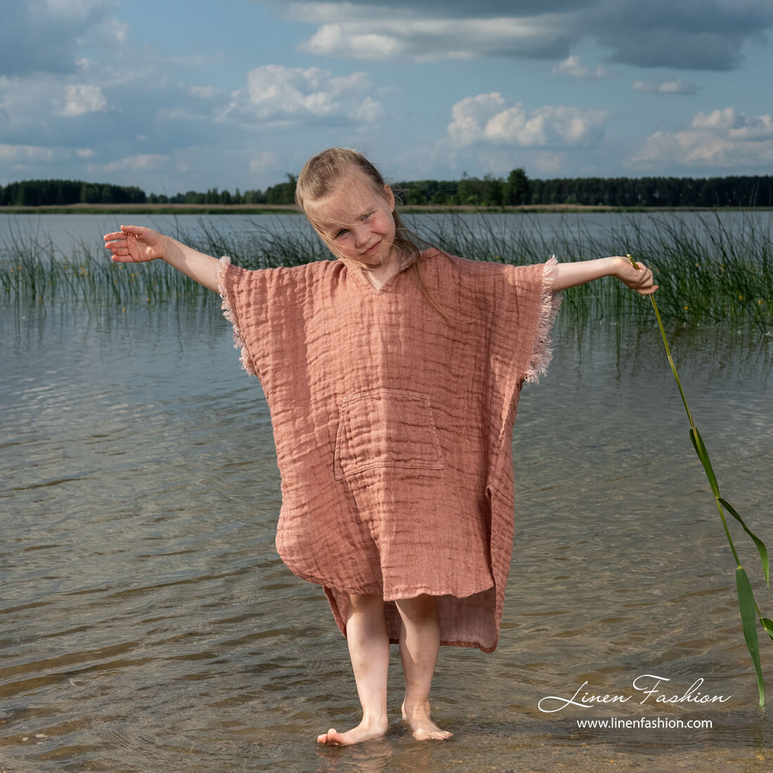 Brown kids linen poncho towel