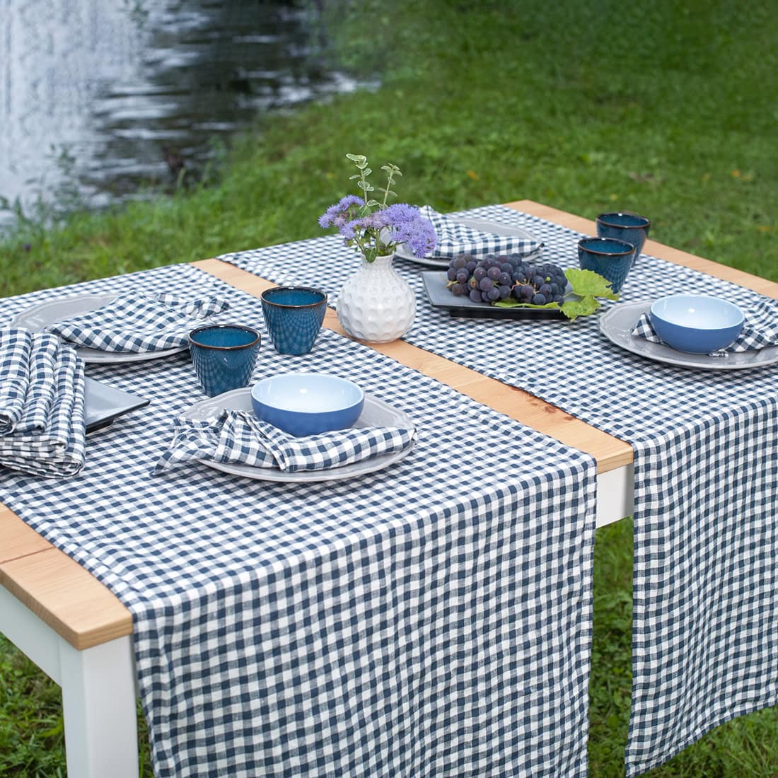 Checked blue linen table runner
