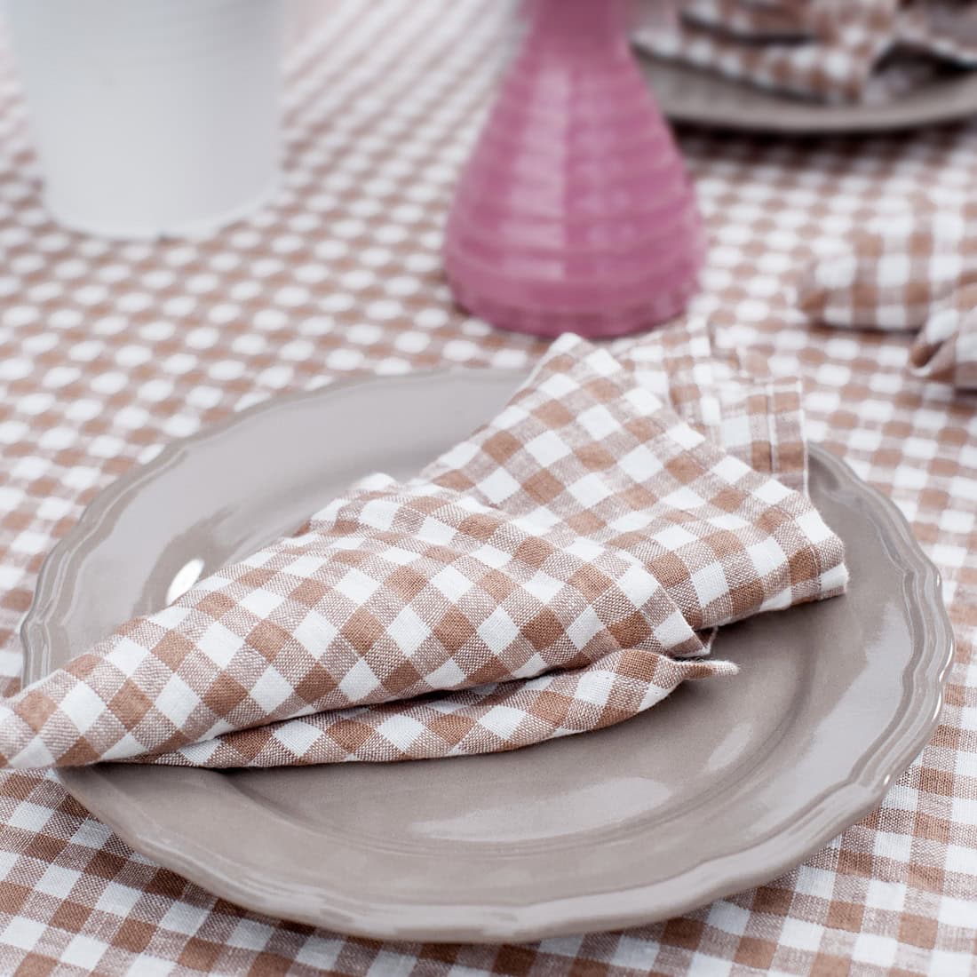 Checked brown linen napkin