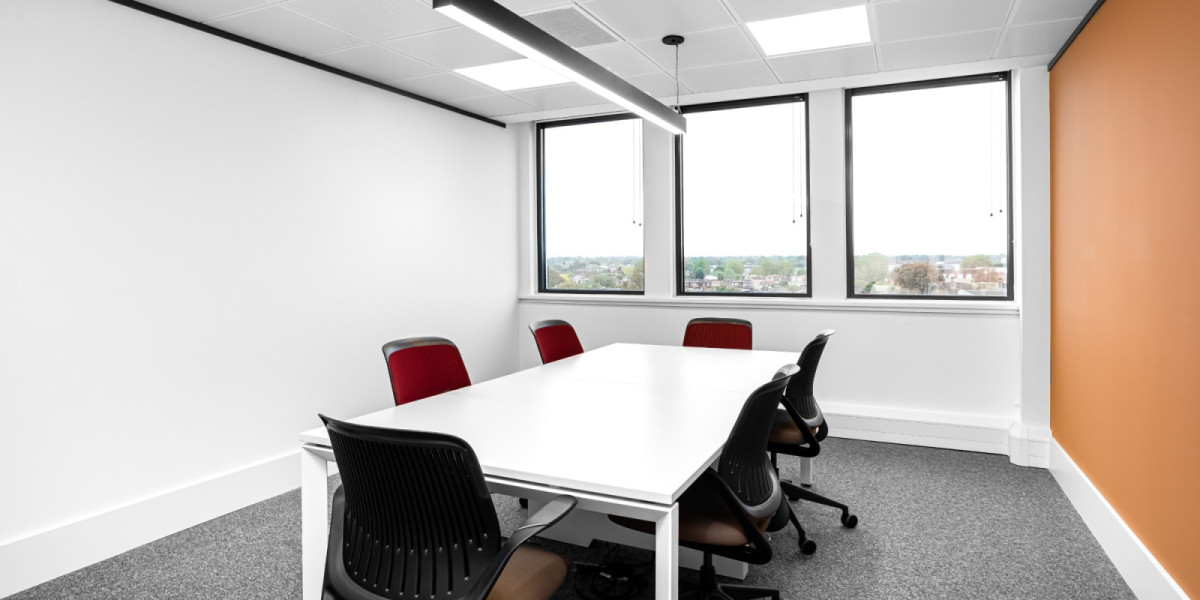 Private office with meeting table and window views