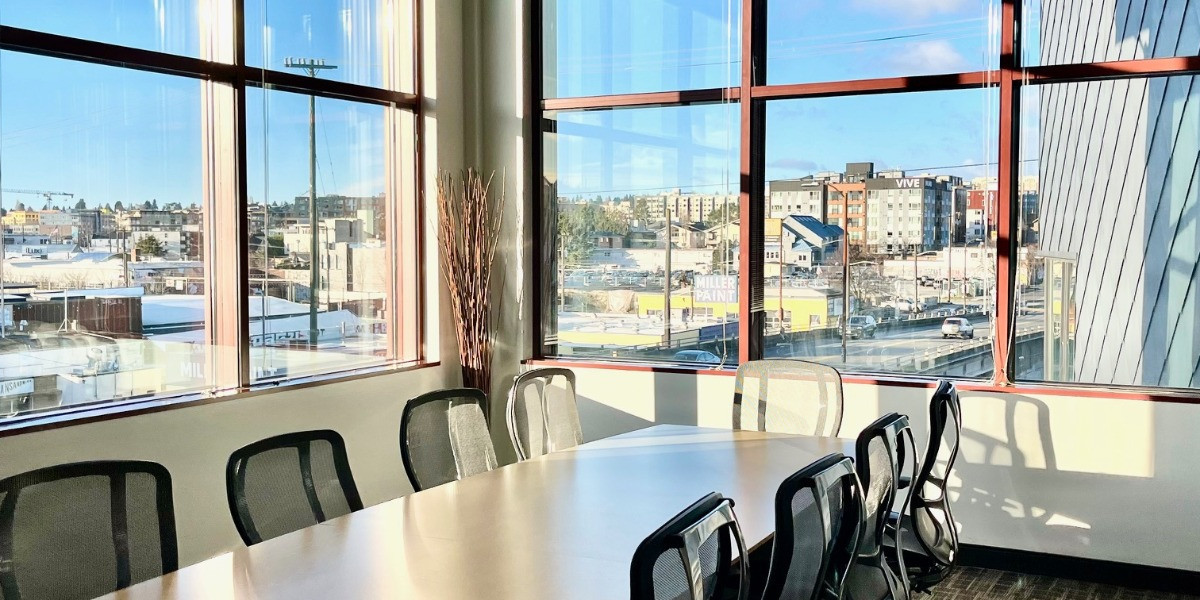 Boardroom with panoramic windows at Regus NW Leary Way, Seattle