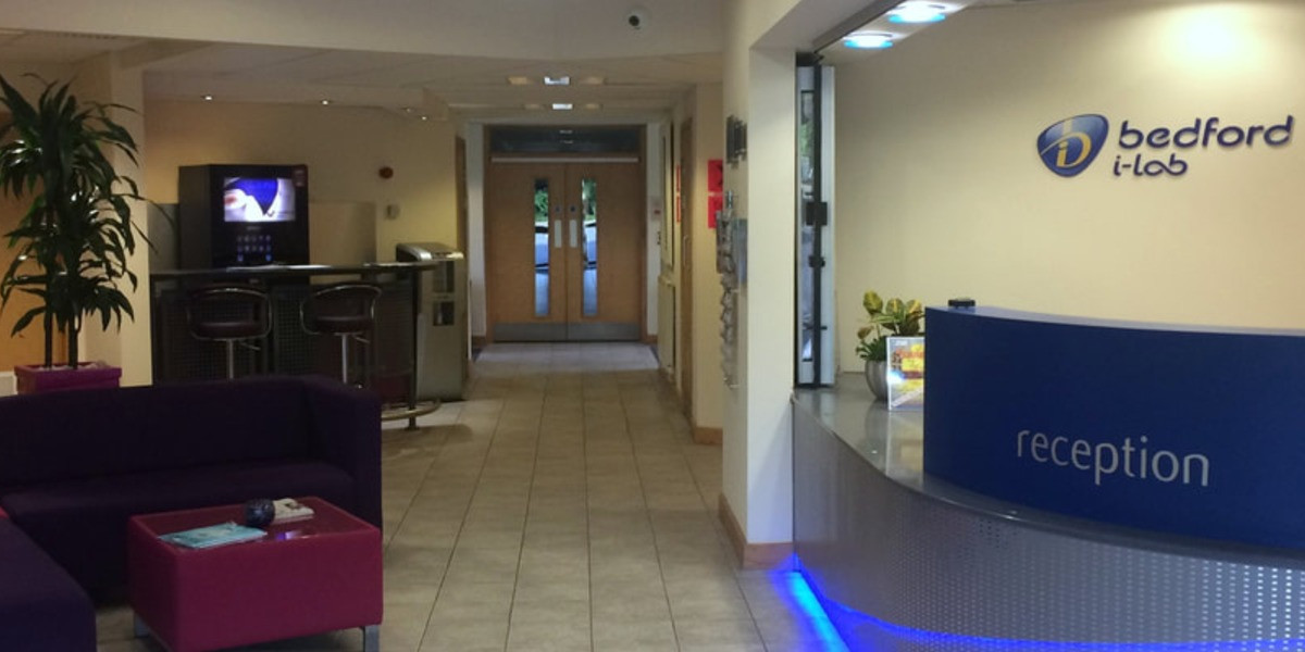 Reception and seating area at Bedford i-lab