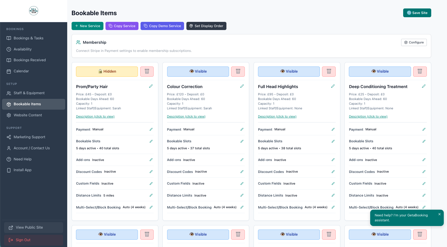 Salon booking system - bookable services view