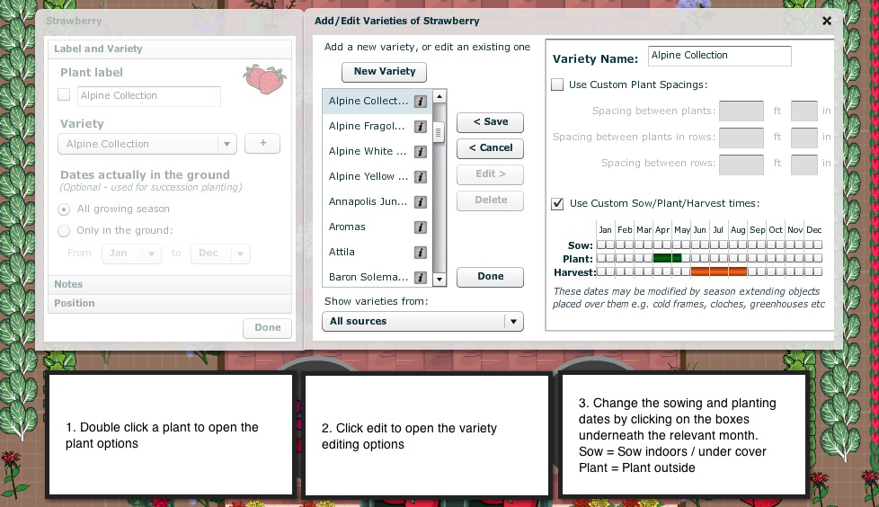 Change the planting and harvesting dates for a plant