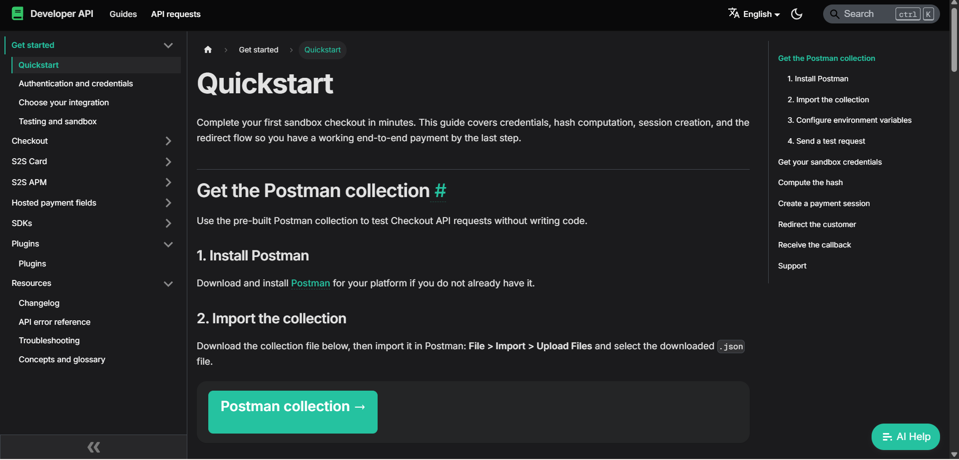 The Quickstart takes developers from sandbox setup to their first successful payment using production-ready examples.