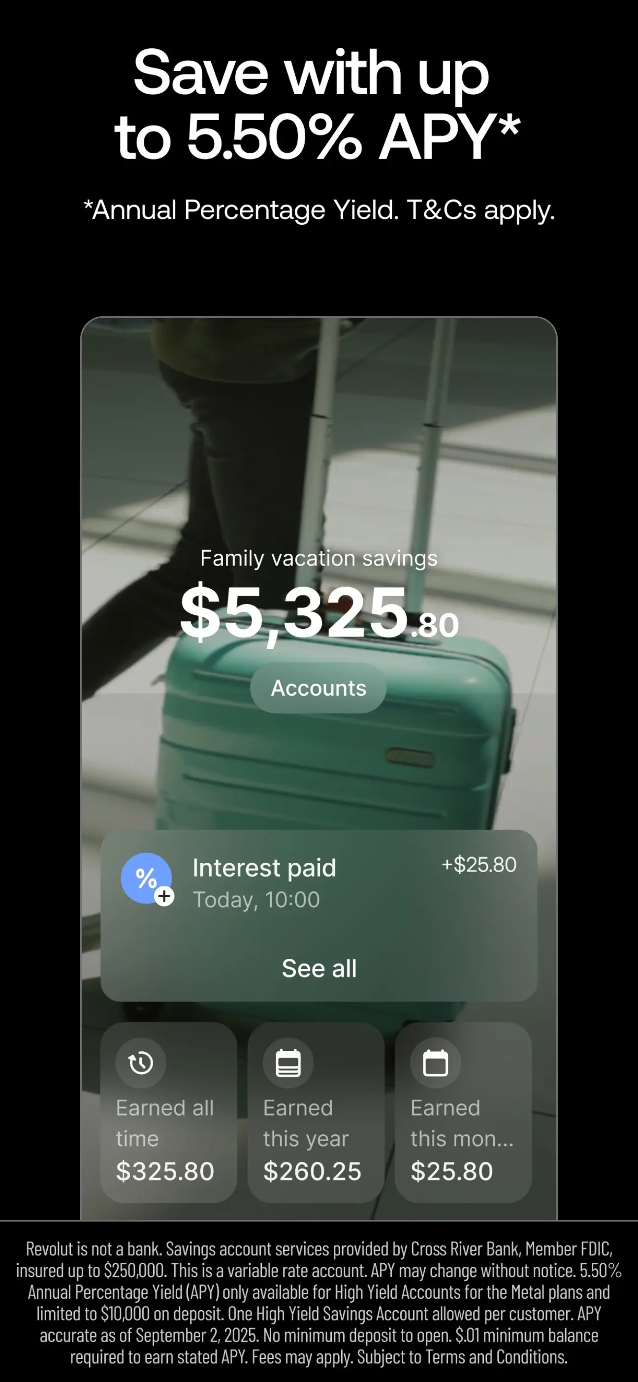 Revolut savings screen showing a family vacation savings balance of $5,325.80 with interest paid of $25.80 and earnings totals