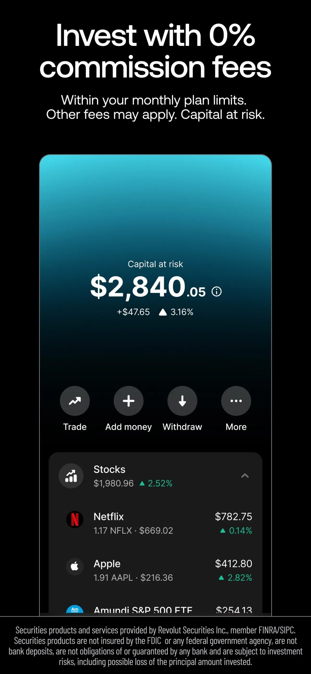 Revolut investing screen showing a $2,840.05 portfolio with Trade, Add money and Withdraw buttons and holdings in Netflix and Apple