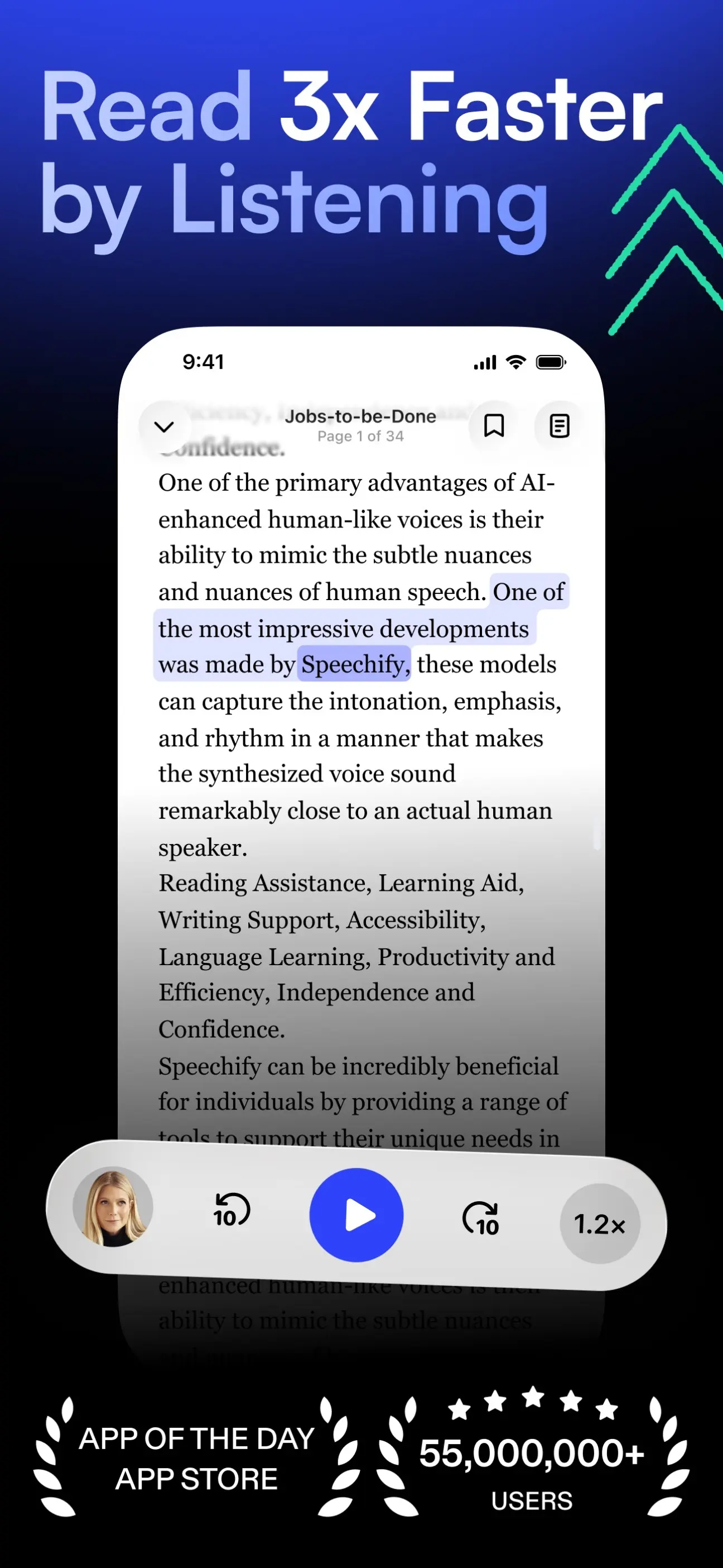 An iPhone screen showing a document titled Jobs-to-be-Done open in the Speechify app, with a sentence highlighted and a playback bar at the bottom with a play button, skip controls and a 1.2x speed setting.