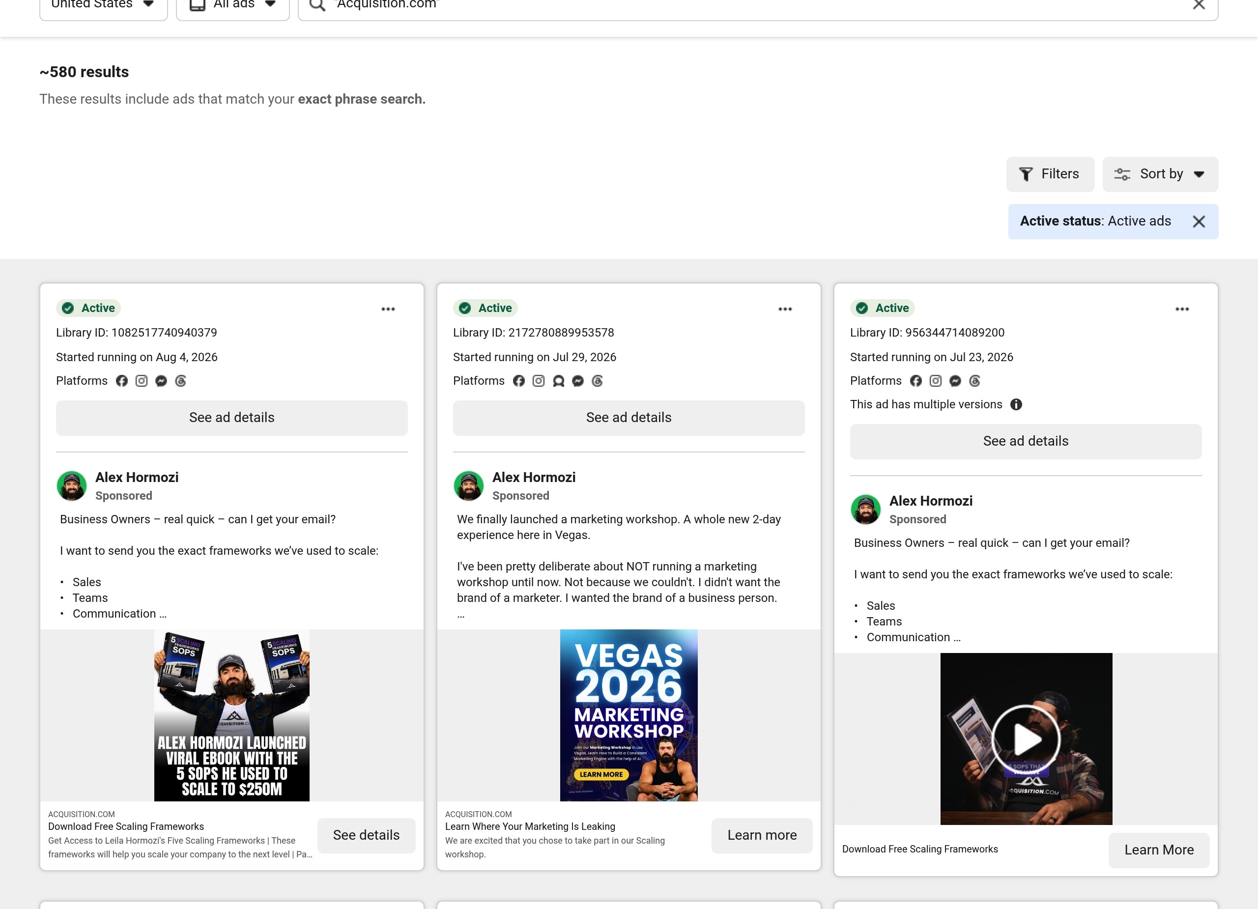 Meta Ad Library search for Acquisition.com showing about 580 active US ads, led by Alex Hormozi ads offering free scaling frameworks and a 2026 Vegas marketing workshop.