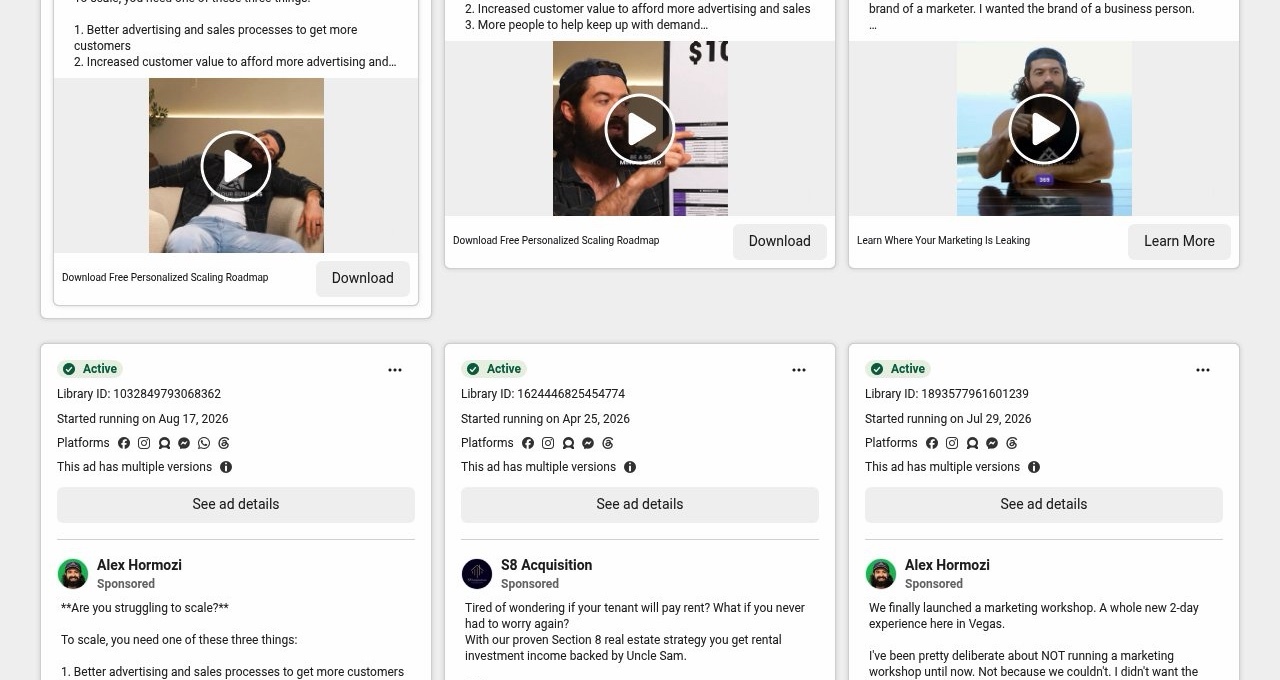 Six active ads in the Meta Ad Library, five of them Alex Hormozi talking-head videos started between April and August 2026, most marked as running in multiple versions.