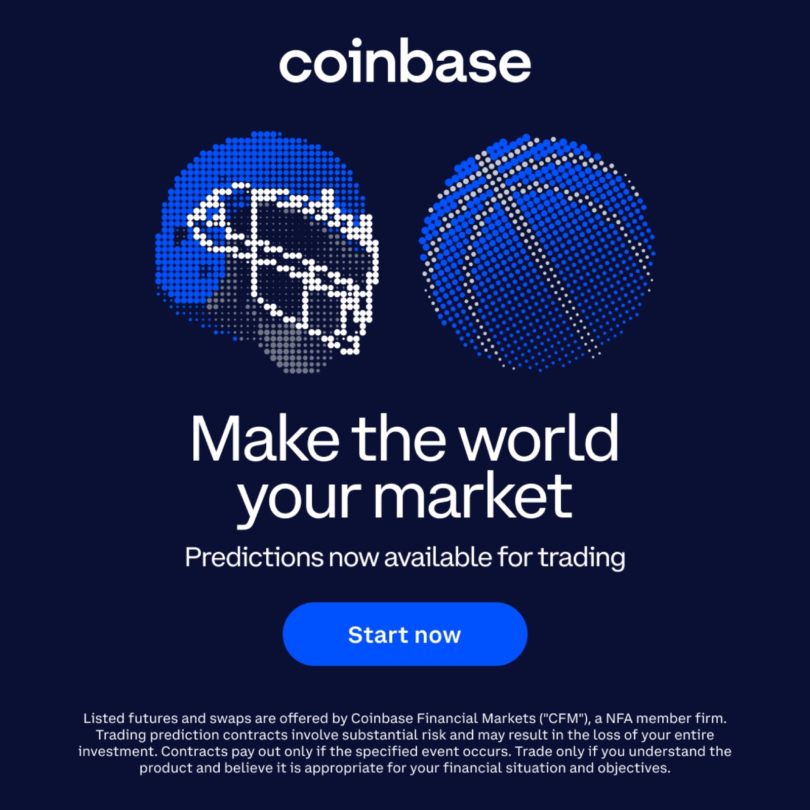 Coinbase Meta ad: dotted football-helmet and basketball graphics, 'Make the world your market. Predictions now available for trading', with an NFA member-firm disclaimer on the image.