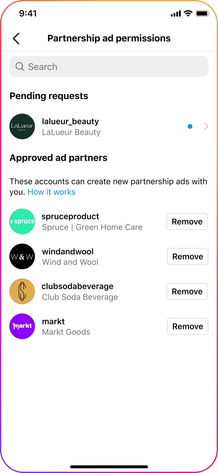 An Instagram Partnership ad permissions screen with one pending request from lalueur_beauty and four approved ad partners, spruceproduct, windandwool, clubsodabeverage and markt, each with a Remove button.
