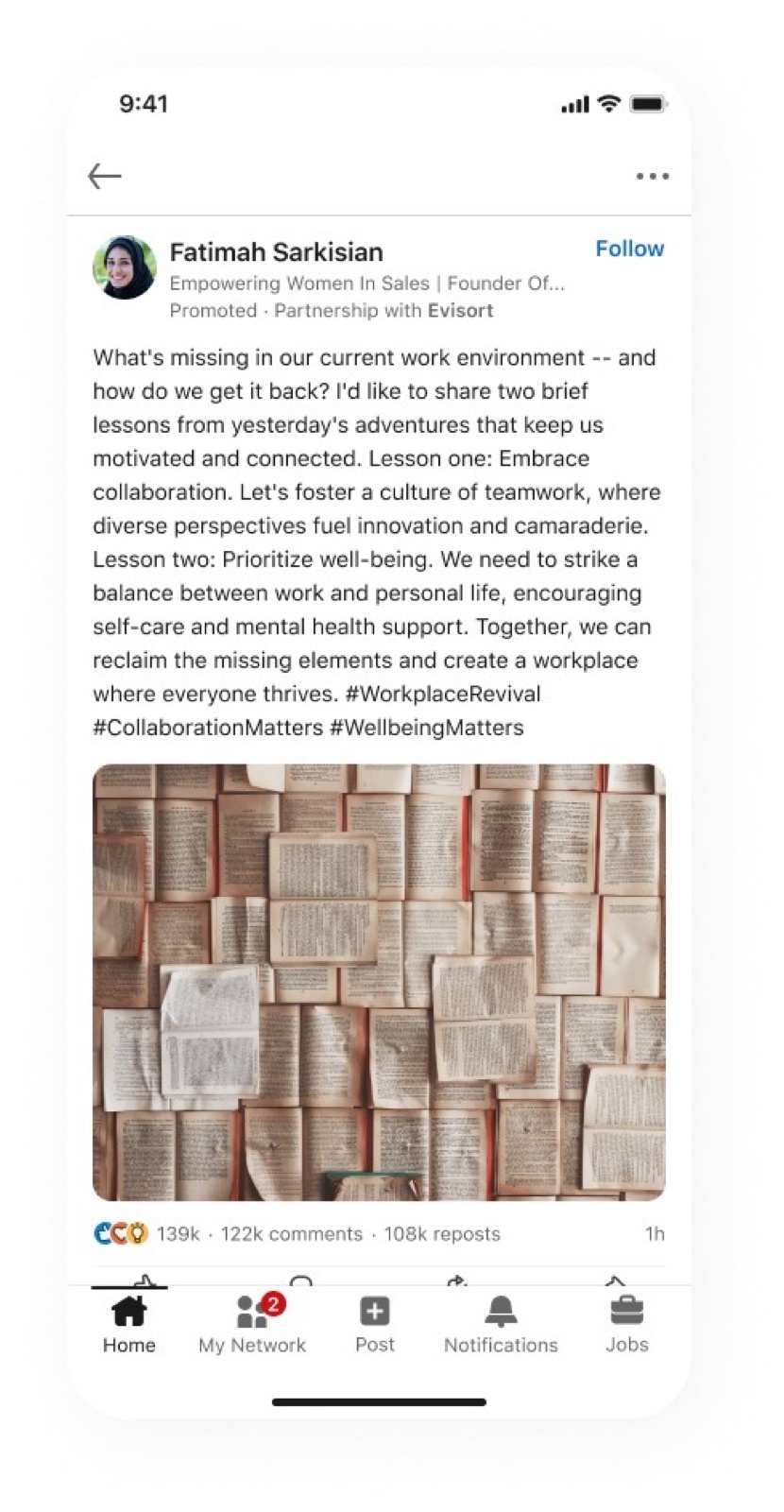 A LinkedIn post on a phone by Fatimah Sarkisian, labelled Promoted, Partnership with Evisort, with a text post about the workplace, an image of open books and engagement counts.