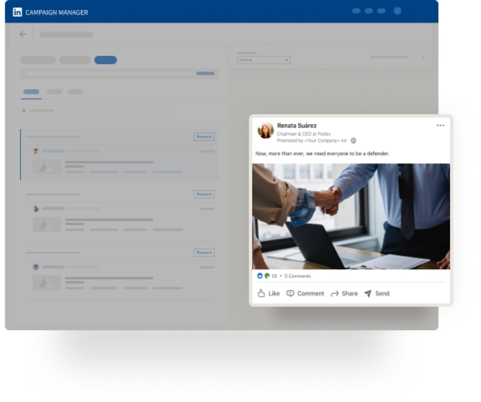 LinkedIn Campaign Manager listing posts with Request buttons, and a post by Renata Suarez, Chairman and CEO, labelled Promoted by your company, reading Now, more than ever, we need everyone to be a defender.