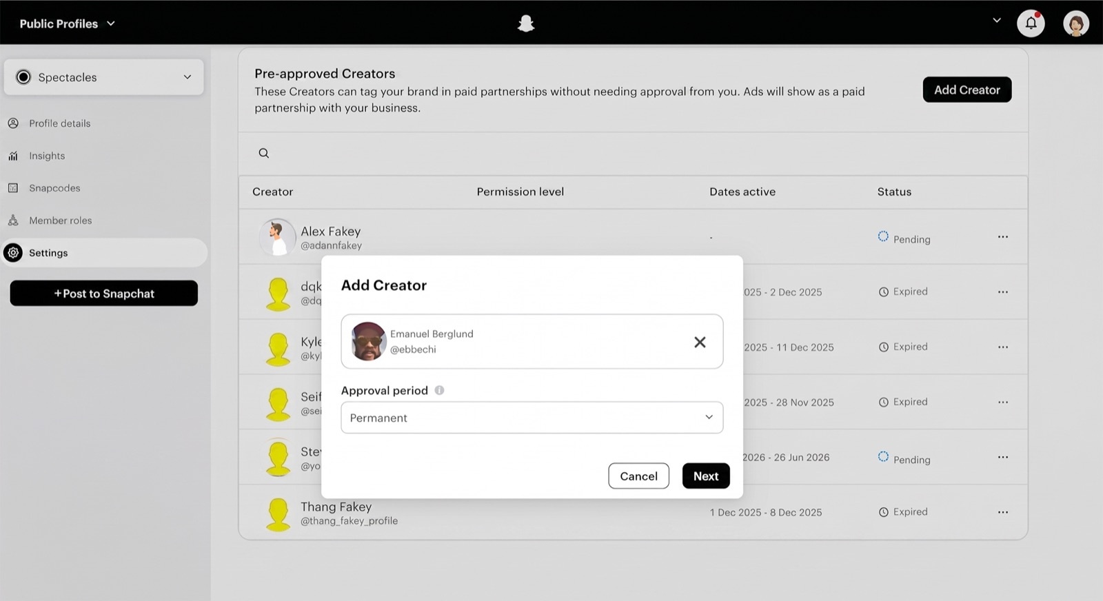 Snapchat Public Profiles settings with a Pre-approved Creators list showing pending and expired creators, and an Add Creator dialog for Emanuel Berglund with Approval period set to Permanent.