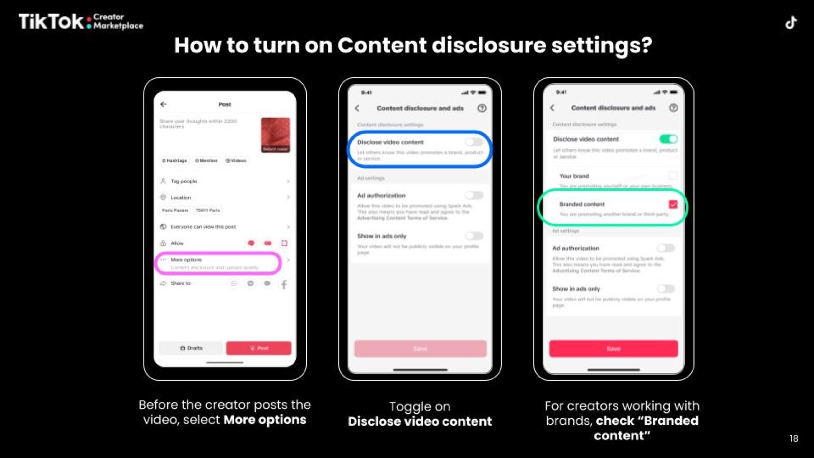 Three TikTok screens titled How to turn on Content disclosure settings: select More options before posting, toggle on Disclose video content, then check Branded content, with an Ad authorization toggle below.