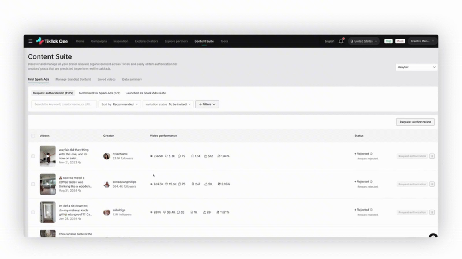 TikTok One's Content Suite on the Find Spark Ads tab, listing creators' organic posts about the brand with views, likes, comments and engagement rate, each with an authorisation status and a Request authorization button.