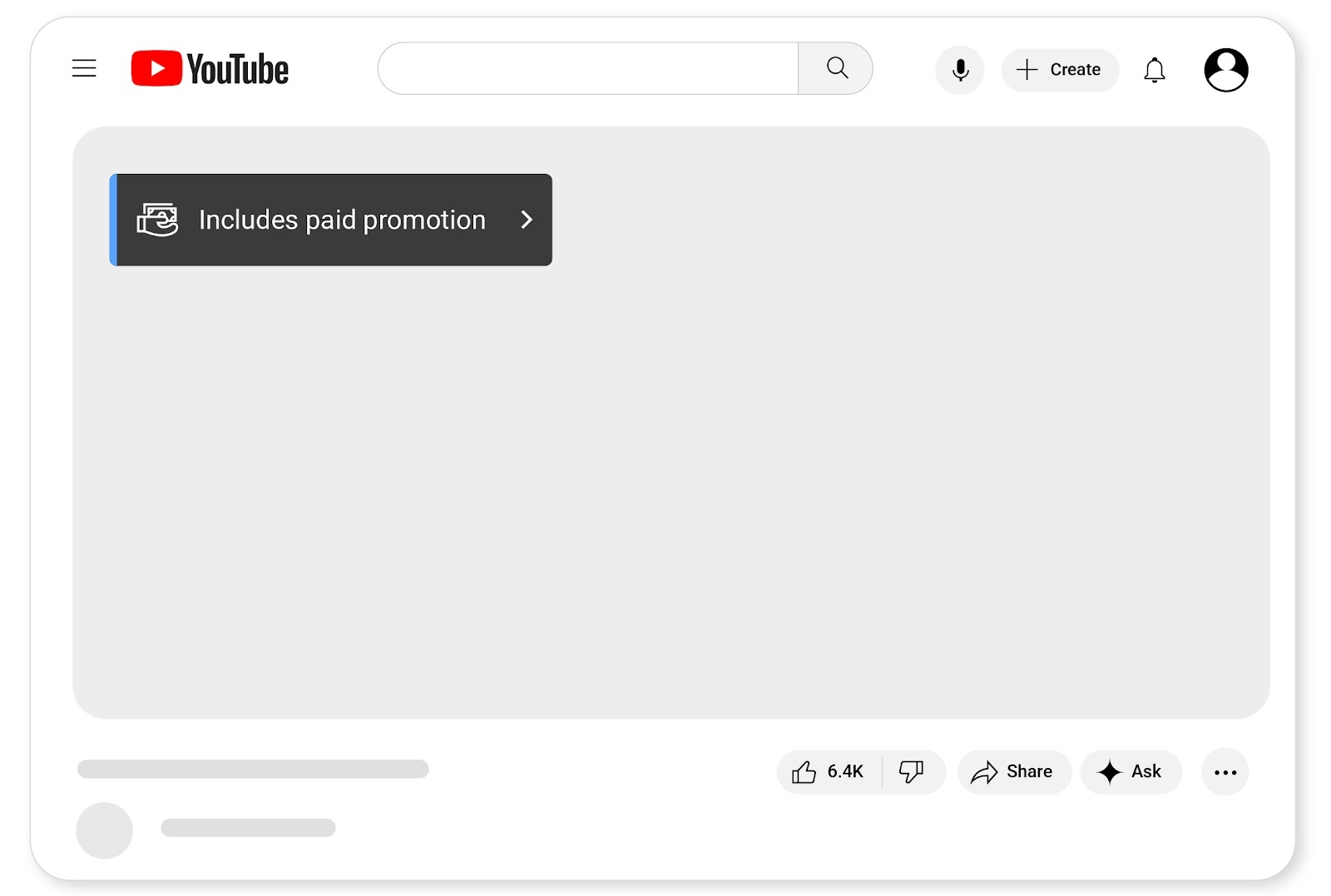 A YouTube watch page mock-up with an Includes paid promotion label in the top left corner of the video.