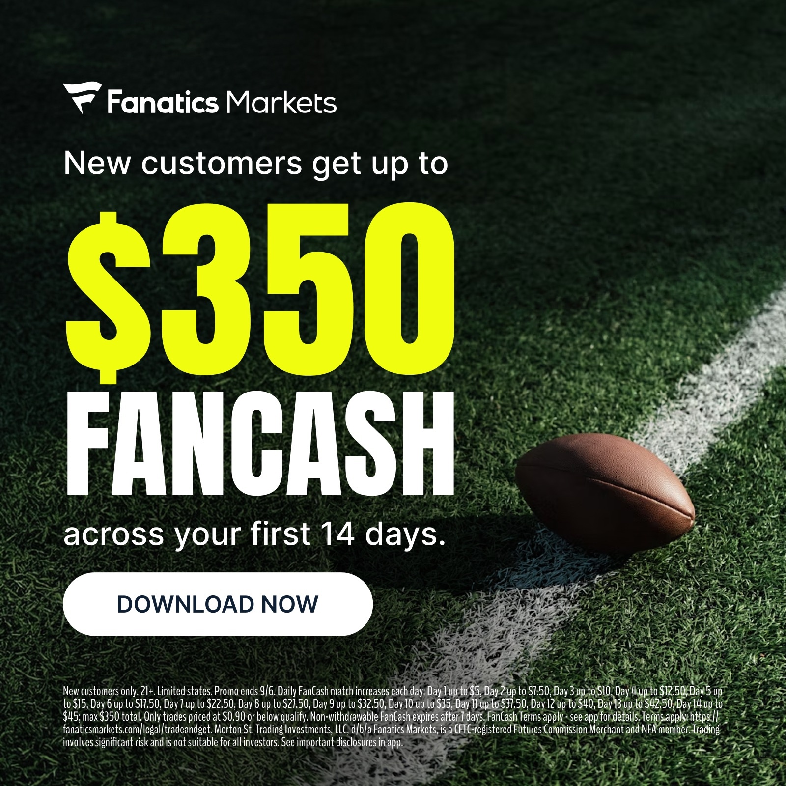 Fanatics Markets Meta ad card offering new customers up to $350 in FanCash across their first 14 days.