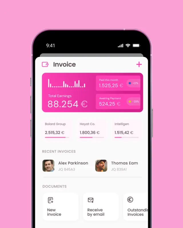 An invoice screen on a phone against pink