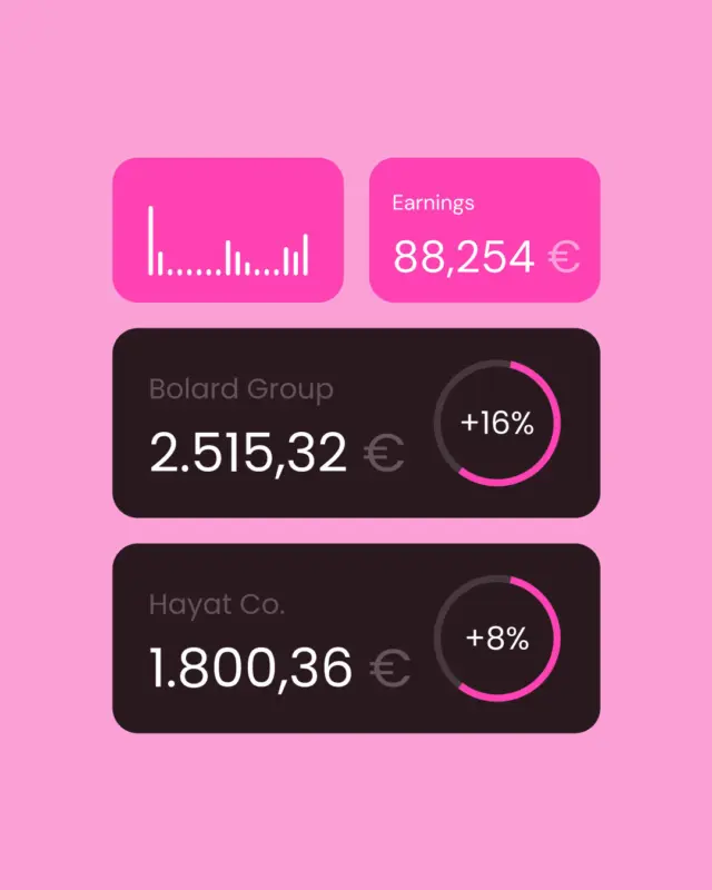A business banking dashboard in pink and black