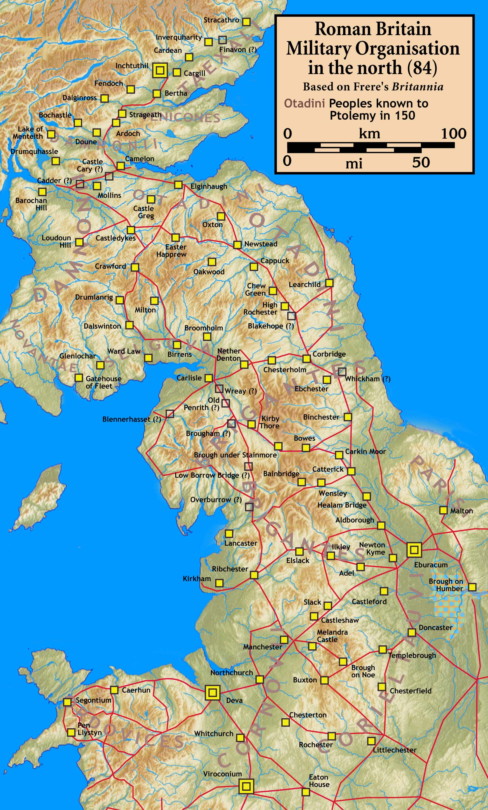 A highly colourised map titled "Roman Britain Military Organisation in the North (84)" based on Frere's Britannia. It shows Roman roads (red lines) and forts (yellow squares) across northern Britain, including modern-day northern England and southern Scotland. Tribal names like "Otadini," "Damnonii," and "Brigantes" are labelled in faded red text. The map includes numerous named Roman sites such as Eboracum (York), Deva (Chester), Carlisle, and Corbridge. A scale bar in miles and kilometres is provided for reference. The map is oriented with north at the top and includes a detailed topographical background.