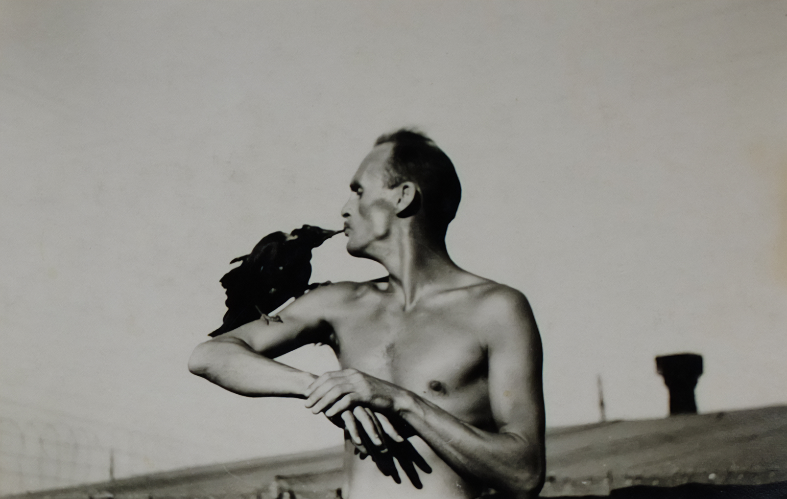 Shirtless prisoner standing outdoors with a raven perched on his arm, touching his face.