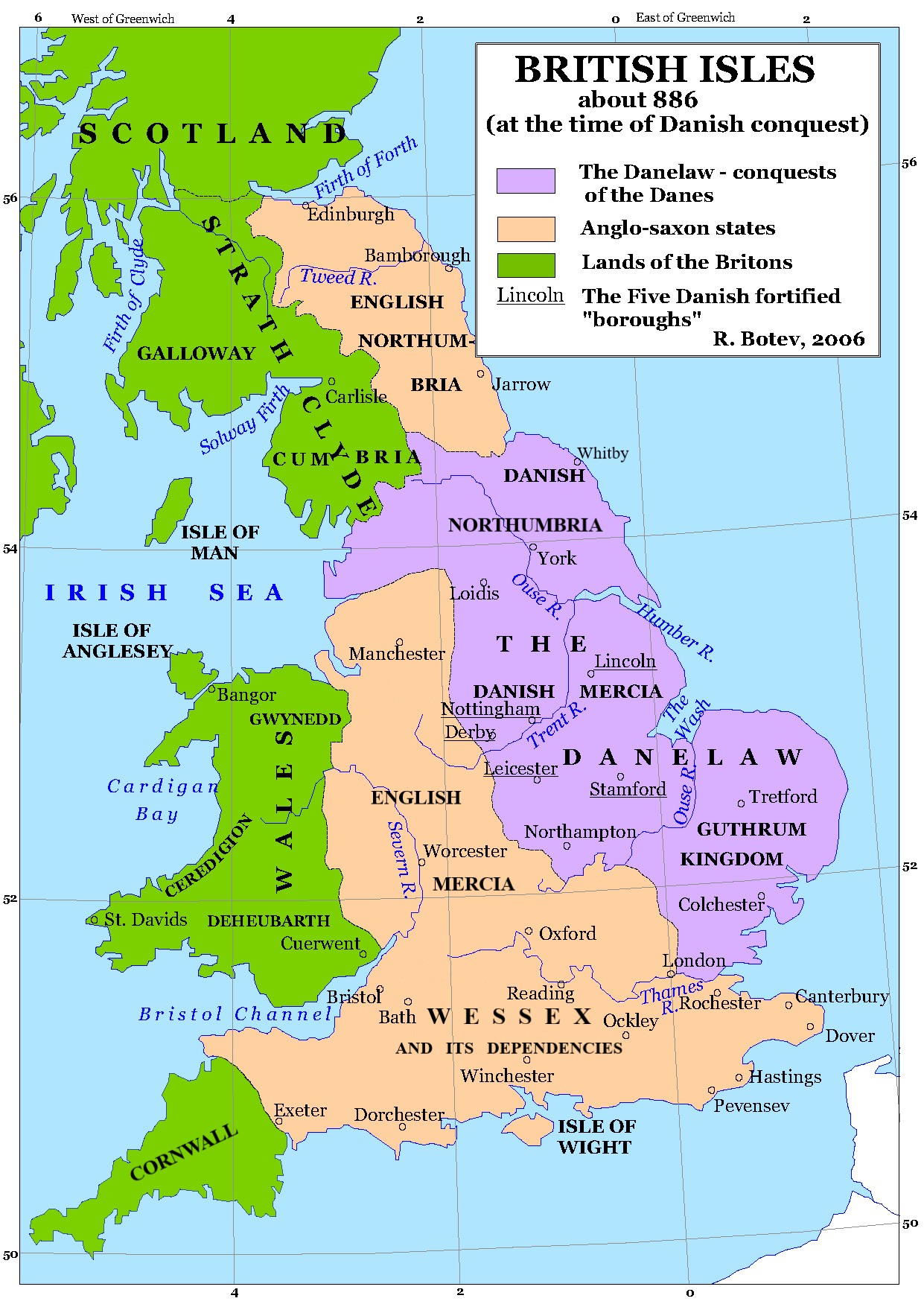 Map of the British Isles in 886, showing color-coded regions and kingdoms ruled by Danes, Anglo-Saxons, and Britons.